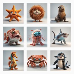 Aufkleber - Adorable 3D monsters showcase a collection of fun and friendly creatures. These cute, stylized monsters are unique and playful, presented in a grid.