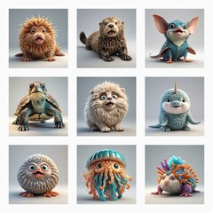 Aufkleber - Various cute 3D monsters are displayed in a grid. Each creature is unique and charming with diverse features and expressions.