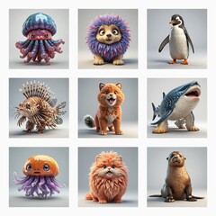 Aufkleber - Nine cute 3D monster creatures are displayed in a grid, featuring imaginative designs of jellyfish, hedgehog, penguin, fox, shark, cat, and seal variations.