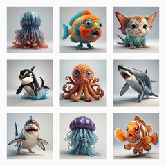 Aufkleber - Collection of cute 3D rendered monsters in a square grid. Various sea creatures, including fish and jellyfish, and a land animal are depicted in a cartoonish style.