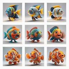 Poster - A collection of nine cute 3D monster fish with vibrant scales and expressive eyes, showcasing a playful and imaginative design.