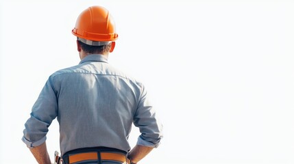 Poster - Architect in a hard hat, inspecting a construction site on a solid white background.