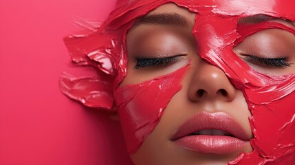 Poster - A captivating close-up featuring a face adorned with vibrant red paint strokes, reflecting artistic expression and a sense of emotional depth through the vivid colors.