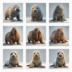 Aufkleber - Cute 3D monster-like marine animals with wrinkly skin and tusks, showcasing seal and walrus features in a digital art style.