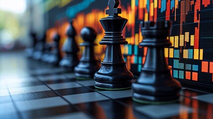 Poster - Chess pieces strategy, market graph background, financial planning, business concept