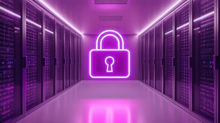 Poster - Neon Lock Symbol in Modern Data Center with Server Racks