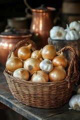 Wall Mural - Wicker basket overflowing with onions and garlic in rustic kitchen