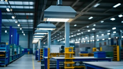 Poster - modern led lamp hanging from the ceiling illuminating an industrial factory or warehouse with workbe