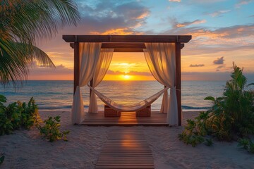 Wall Mural - Hammock under canopy overlooking tropical sunset at beach