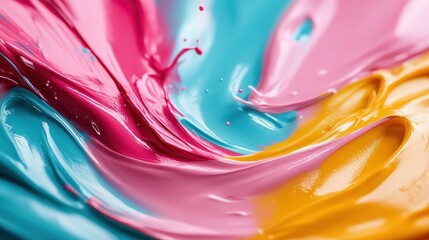 Poster - An abstract artwork featuring vibrant swirls of pink, blue, and yellow paint, merging beautifully and creating a sense of movement and creativity in artistic expression.
