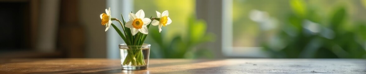 Wall Mural - Narcissus flowers in small glass cup on a table, leaves, white, bloom