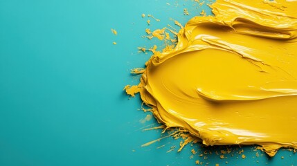 Poster - A vivid and textured yellow paint stroke on a bright blue background, showcasing the beauty and vibrance of color and artistic expression in modern design.