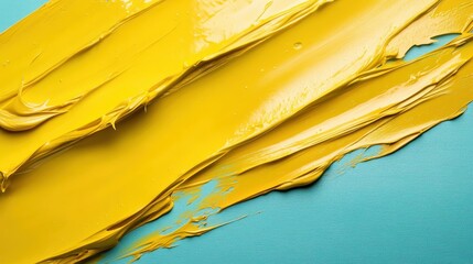 Poster - The image features a bold yellow paint brushstroke elegantly placed on a contrasting blue canvas, highlighting the interplay between color and texture in art.