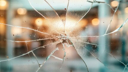 Poster - This photo captures a close-up view of shattered glass, highlighting interesting crack patterns and reflections, symbolizing fragility and destruction in a contemporary setting.