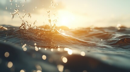 Poster - This stunning image captures the moment of ocean splash at sunset, with shimmering droplets and warm sunlight creating a dynamic and reflective scene of natural beauty.