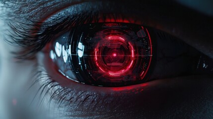 Poster - Futuristic Cybernetic Eye with Neon Red Visual Technology Elements