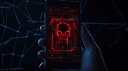 Poster - Hand Holding Smartphone with Red Skull Graphic on Dark Background
