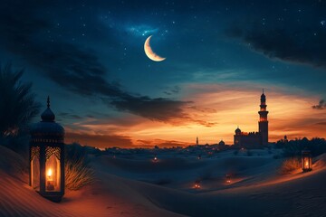 Wall Mural - Crescent moon shining over mosque in desert at sunset with lanterns