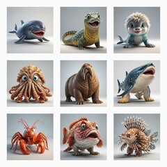 Aufkleber - Nine cute 3D monsters: a collection of cartoonish animals including sea and land creatures with playful and whimsical designs.