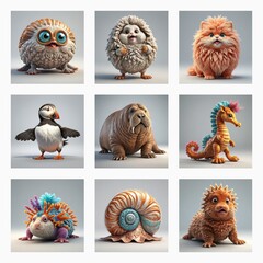 Aufkleber - Cute 3D creatures resemble monsters with fluffy and textured bodies, displaying a range of whimsical animal and imaginary forms.