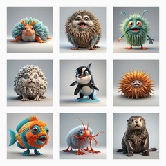 Aufkleber - Cute 3D monsters with fluffy, furry, and spiky textures are showcased in a grid. These whimsical creatures display a variety of shapes and colors.