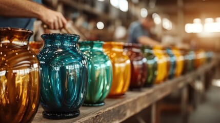 A stunning display of vibrant, handcrafted glass vases showcases an array of colors and creative designs in an artisanal workshop setting, perfect for home decor.