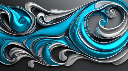 Poster - Abstract Waves of Blue and Silver in a Dynamic Flowing Design