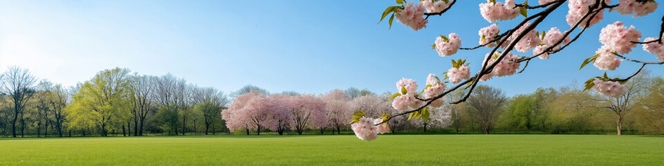 Canvas Print - A beautiful, sunny day with a field of green grass and a tree with pink blossoms. Concept of peace and tranquility, as the bright colors of the flowers