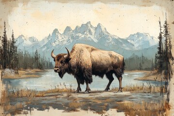 Canvas Print - Bison standing by a calm river with mountains in the background during a serene afternoon in a natural landscape