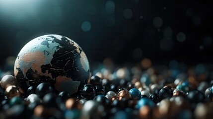 Poster - This stunning image depicts a bright globe resting among an array of colorful marbles, conveying a sense of exploration and imagination, perfect for creative projects.