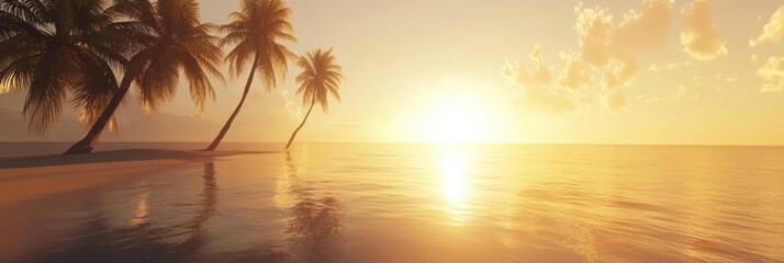 Aufkleber - Sunrise over tranquil waters with palm trees along the shoreline in a tropical paradise. Generative AI