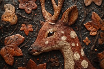 Detailed wood carving of a deer with intricate leaf patterns in earthy tones, showcasing fine craftsmanship and artistry