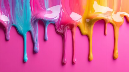 Poster - Vibrant Colorful Paint Drips on Pink Background for Creative Design