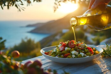 Wall Mural - Chef pouring olive oil on fresh greek salad at sunset by the sea