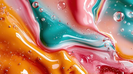 Poster - An abstract composition of vibrant fluid shapes blended with bubbles creates a mesmerizing visual effect, symbolizing the beauty of motion and color interaction.
