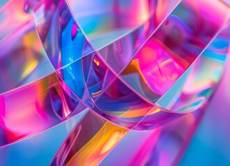 Poster - Colorful abstract ribbons with neon holographic light. Artistic, vibrant, futuristic design, pastel rainbow digital art. 80s, 90s style, cluttercore aesthetic Synthwave, retro futuristic background