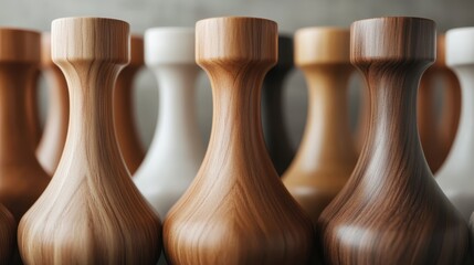 Poster - A collection of elegantly shaped wooden vases in different tones, showcasing craftsmanship and design, perfect for home decor or artistic presentations.