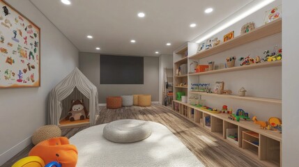 Wall Mural - Playroom with a sensory exploration area, a puppet theater, and wall-mounted shelves for easy toy access and organization