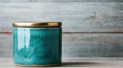 Poster - A beautifully textured turquoise jar with a gold lid, resting on a wooden table. This stylish object blends sophistication with a touch of timeless beauty in any setting.