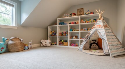 Wall Mural - Playroom with open shelving for easy toy access, a soft play mat, and a cozy tent for imaginative adventures