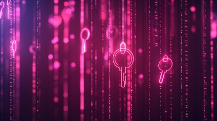 Poster - Futuristic Digital Key Icons with Abstract Neon Visuals and Light Effects