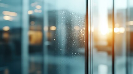 Poster - A serene image capturing droplets of water on a glass pane, illuminated beautifully by the warm glowing light of the setting sun in a modern environment.