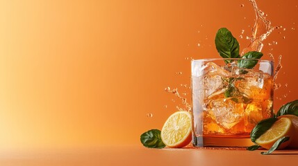 Poster - A refreshing citrus drink with ice cubes and garnished with lemon slices and mint, showcasing a jubilant splash that evokes a sense of refreshment.