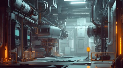 Poster - A futuristic industrial space with a yellow light in the background. The space is empty and has a futuristic feel to it