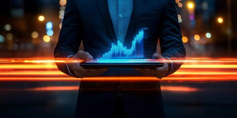 Poster - businessman holding tablet with rising graph, futuristic interface, blurred city background