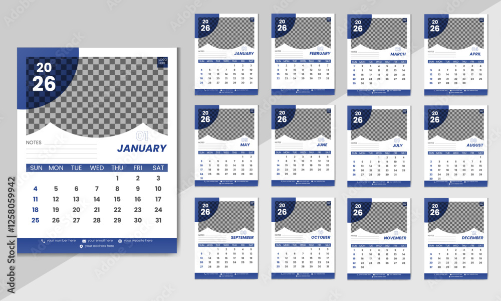 Modern wall calendar design for 2026 layout with blue colour. Week ...