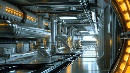 Poster - A futuristic space station with a long hallway and yellow pipes. The hallway is empty and the pipes are metallic