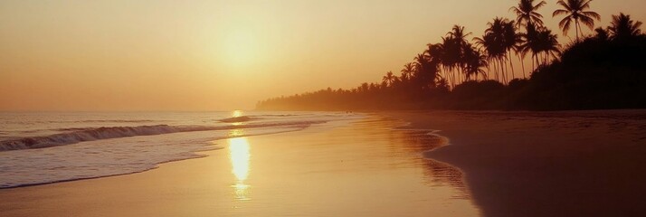 Poster - Golden sunset casts reflections on calm beach with palm trees along the shore. Generative AI