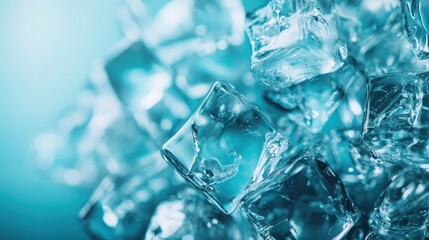 Poster - An intricate arrangement of frozen ice cubes blending together, illuminated by cool aqua light, symbolizing freshness and the essence of hydration.