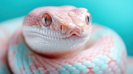 Poster - A close-up portrait of a gentle pink and white snake reveals its intricate textures and charming features set against an inviting backdrop, showcasing beauty and grace.
